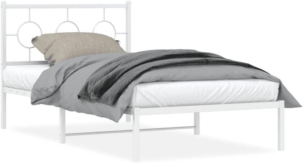 Metal Bed Frame with Headboard White Steel Platform Base Twin Size Underbed Storage Space for Bedroom Furniture