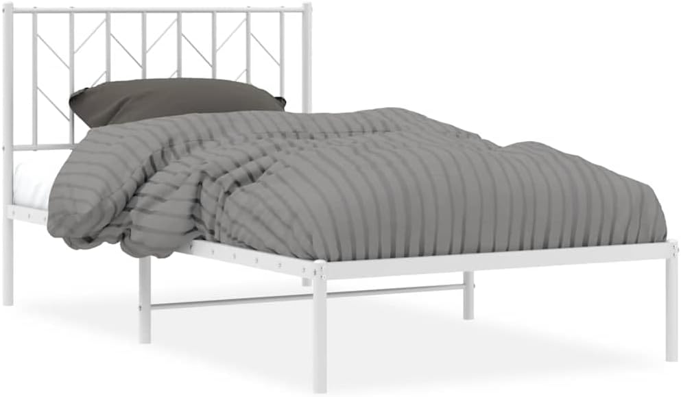 White Steel Single Bed Frame with Headboard, 41.3' x 81.5' Rectangular Metal Bed Frame for Adults, Durable and Elegant Modern Bedroom Furniture, Easy Assembly with Screwdriver
