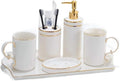 Vanity Bathroom Decor, Ceramic Bathroom Accessories Set Lotion Soap Dispenser Toothbrush Holder Cup Soap Dish Housewarming Gift(6pcs(White Handle))