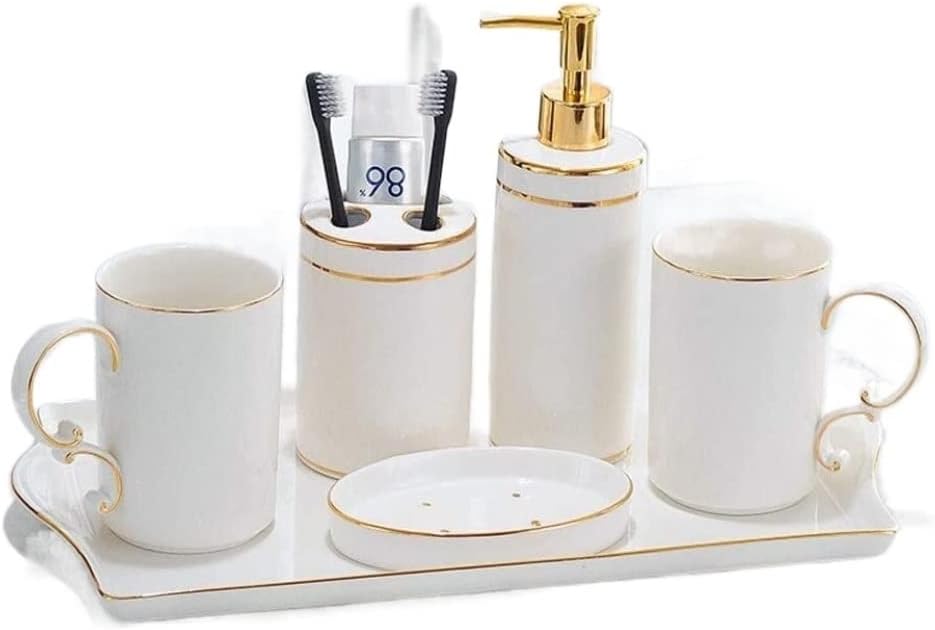 Vanity Bathroom Decor, Ceramic Bathroom Accessories Set Lotion Soap Dispenser Toothbrush Holder Cup Soap Dish Housewarming Gift(6pcs(White Handle))