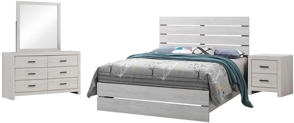 Pemberly Row 4-Piece Eastern King Panel Wood Bedroom Set, Coastal White Finish, Includes Bed, Nightstand, Dresser, Mirror, Rustic Plank Style, Brushed Nickel Hardware, Solid Bedroom Furniture