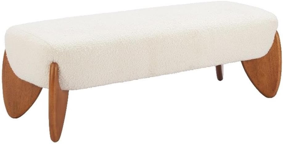 Pemberly Row Modern Solid Wood Bench, Textured Ivory Polyester Fabric, Rubberwood Legs, Seats 2, Indoor Vanity Bench, Armrest Support, Stylish Seating for Bedrooms or Living Spaces
