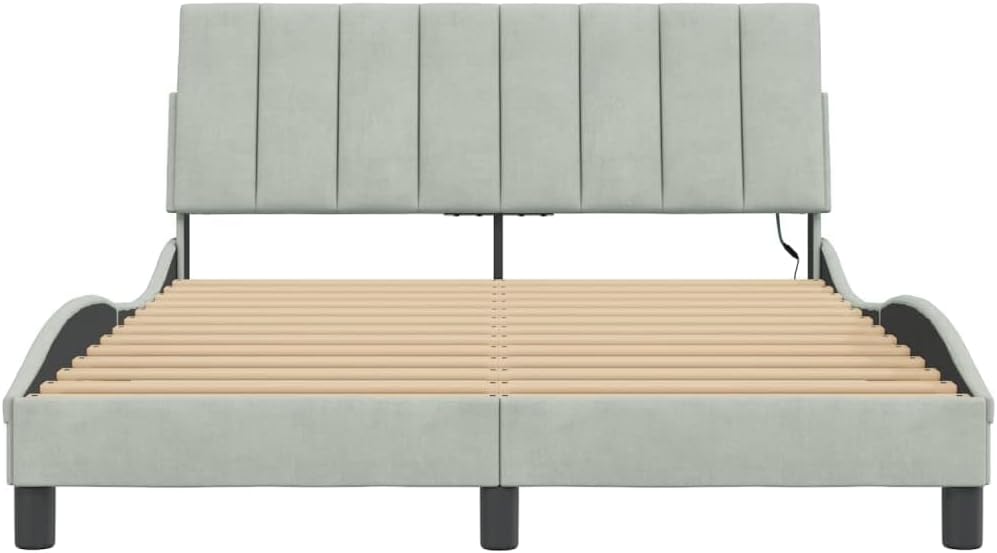 Full Size Upholstered Bed Frame with Headboard Light Gray Velvet Platform Bed Frame Modern Waved Design Wooden Slats Sturdy Support for Bedroom Furniture