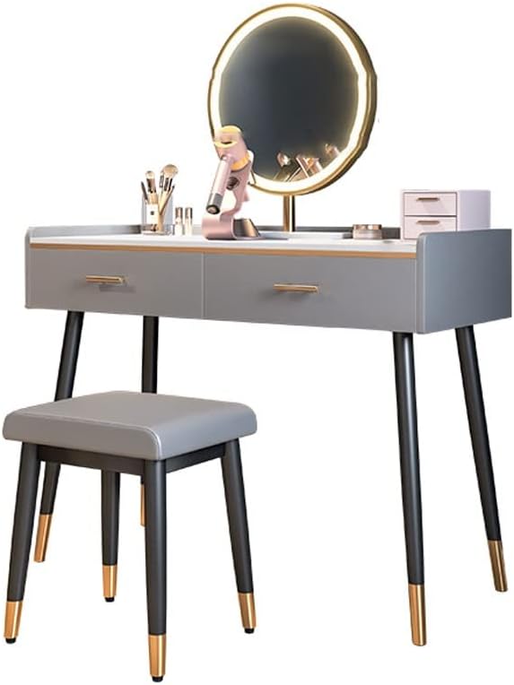 Vanity Benches Dresser Set Vanity Desk Storage Cabinet Cosmetic Storage Desk with LED Round Mirror, Stool, Two Drawers (Color : A)