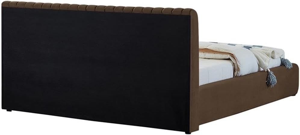 Pemberly Row Contemporary Queen Bed, 74' W x 91' D x 38' H, Rich Brown Velvet Upholstery, Deep Channel Tufting, Padded Headboard, Modern Style Bedroom Furniture, Elegant Design