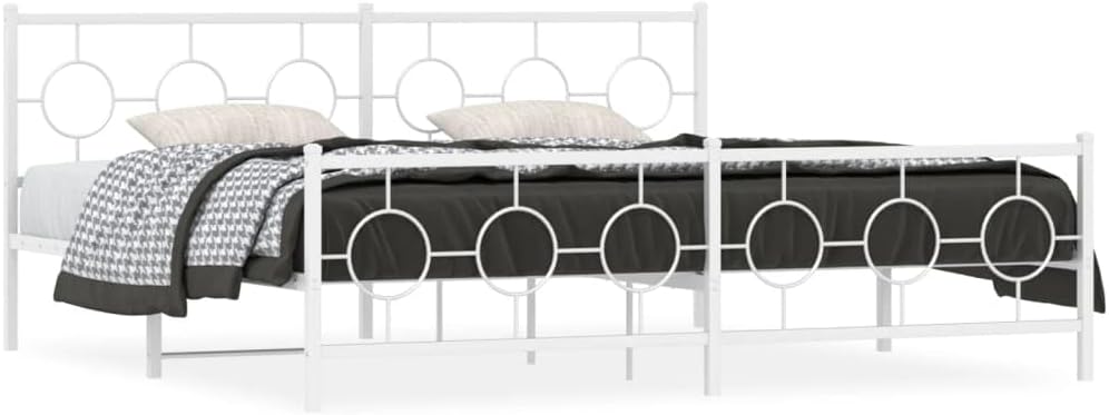 Metal Bed Frame with Footboard White 76'x79.9' King Platform Bed Steel Frame Underbed Storage Space Sturdy Bedframe for Bedroom Furniture