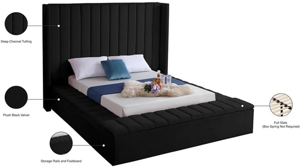Meridian Furniture Kiki Collection Modern | Contemporary Velvet Upholsterd Bed with Channel Tufting, Siderails and Footboard Storage Compartments, King, Black