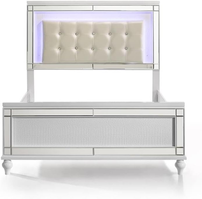 Pemberly Row Full Size Solid Wood Bed, White Finish, Lighted Headboard, Hardwood Solids and Veneers, Embossed Inlay, Contemporary Style Bedroom Furniture, 53.74' H x 76.97' W x 57.87' D