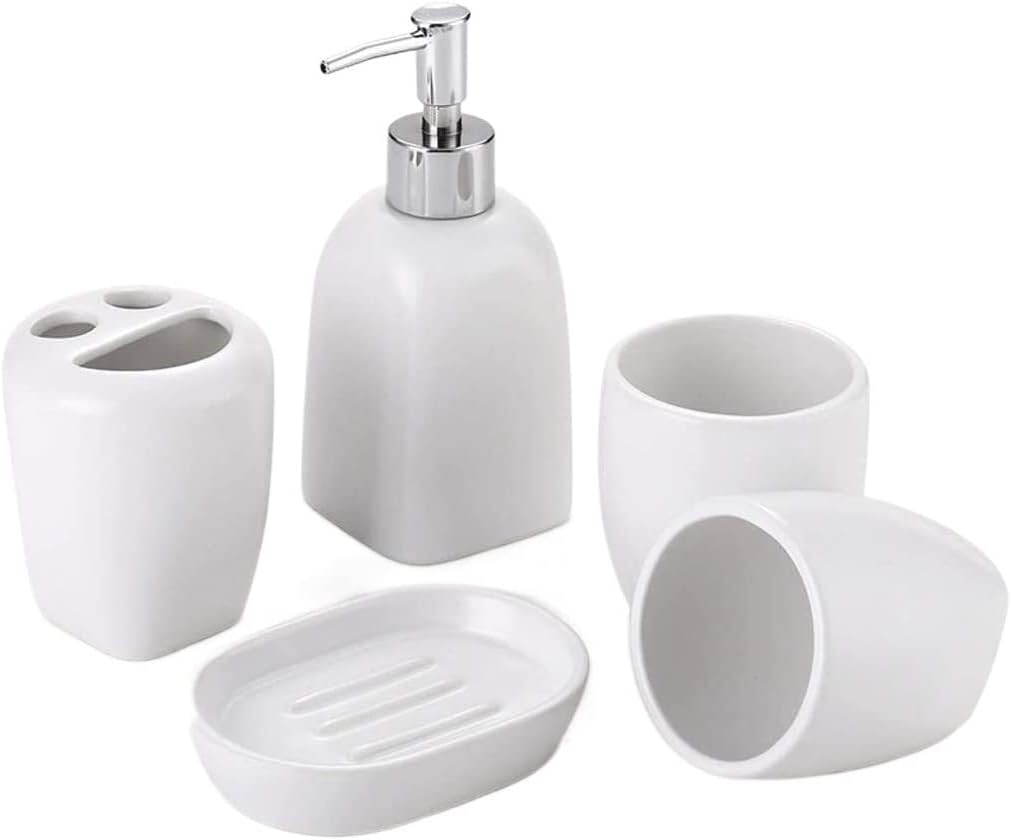 Vanity Bathroom Decor, White Ceramic Bathroom Accessory Set 5 Pieces Bathroom Set Including Soap Dispenser Toothbrush Holder Soap Dish Housewarming Gift(B)