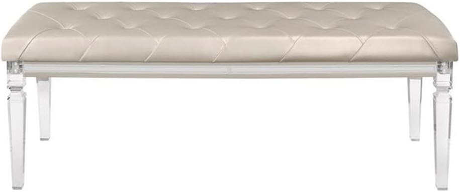 Pemberly Row Modern Transitional Bedroom Bench, Beige Upholstered Tufted Seating, Acrylic Legs, Mirrored Accents, MDF Frame, Polyurethane Padding, Sturdy Construction, Stylish Bedroom Furniture