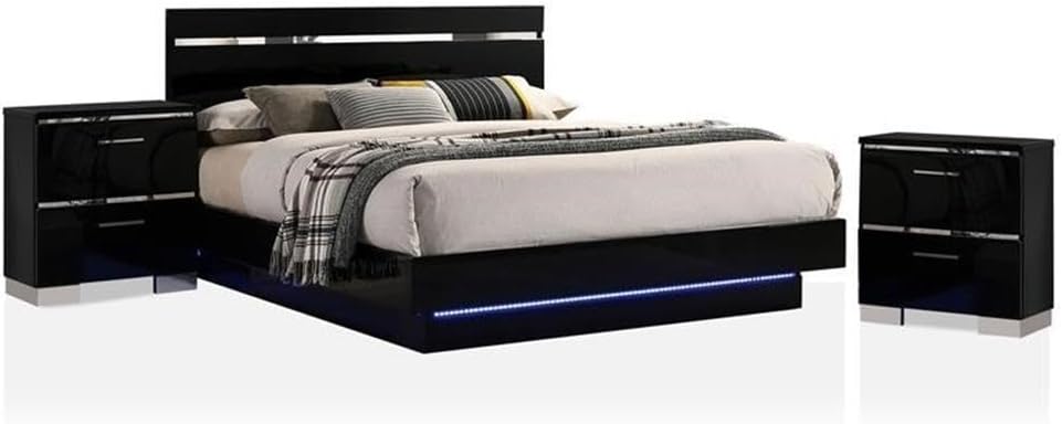 Furniture of America Malva 3pc Black Wood Bedroom Set-King + 2 Nightstands