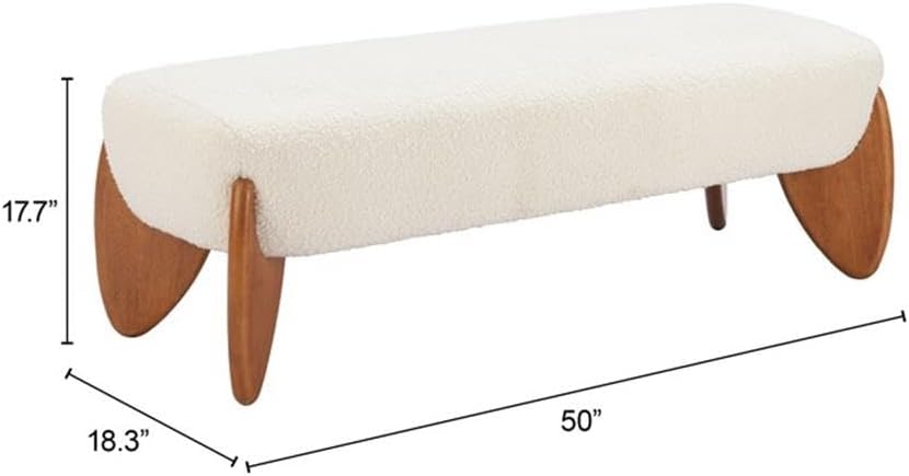 Pemberly Row Modern Solid Wood Bench, Textured Ivory Polyester Fabric, Rubberwood Legs, Seats 2, Indoor Vanity Bench, Armrest Support, Stylish Seating for Bedrooms or Living Spaces