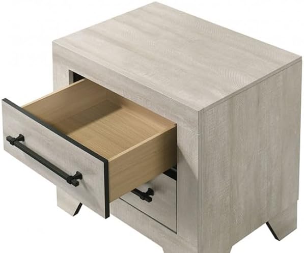 MASARA 3-Piece Bedroom Set with Geometric Headboard, Light Gray Engineered Wood and Rubberwood, Queen/King Platform Bed, 2 Nightstands, Contemporary Style (King (U.S. Standard))