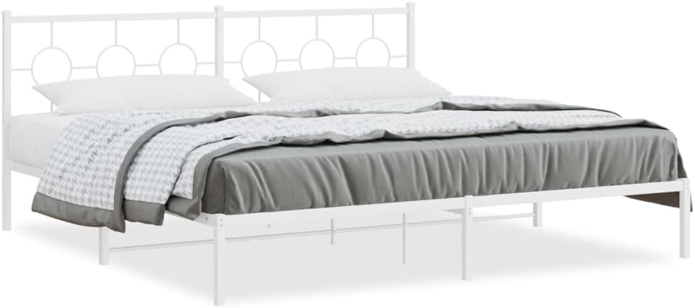 Metal Bed Frame with Headboard Queen Size 76'x79.9' White Sturdy Steel Platform Bedframe for Bedroom Furniture