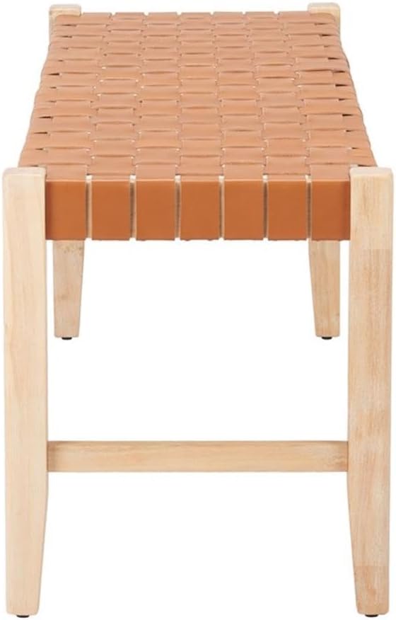 Pemberly Row Modern Solid Wood Bench, Tan Leather Upholstery, Rubberwood Legs, Seats 2, Rubber Feet for Floor Protection, Contemporary Style Vanity Bench for Indoor Living or Hospitality Spaces