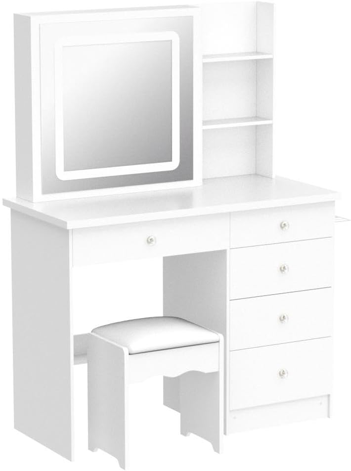 Homsee Vanity Desk Set Makeup Table with Large Sliding Lighted Mirror, Power Strip & Hair Dryer Holder, Modern Dressing Table with Drawers, Storage Shelves & Stool for Bedroom, White