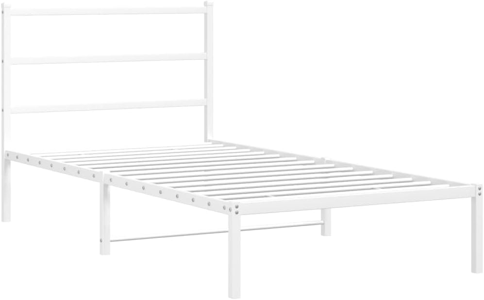 Metal Bed Frame with Headboard White Queen/Twin Size Steel Platform Bedframe Underbed Storage Space Sturdy Bed Base for Bedroom Guest Room