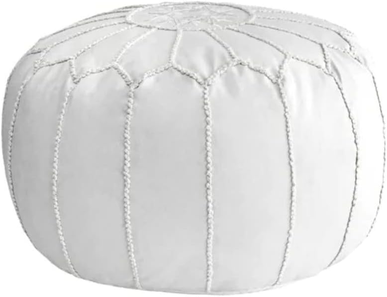 Classy Ivory Faux Leather Round Pouf Ottoman 20'' | Stylish Tufted Footrest Vanity Stool Glamorous Touch Luxe Look, | Bench Fluffy Dorm Patio Perfect for Living Room, Bedroom, Lounge Cushioned