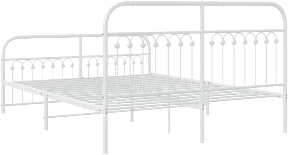 Metal Platform Bed Frame with Headboard and Footboard White Queen Size Steel Sturdy Structure Underbed Storage Space for Bedroom Furniture