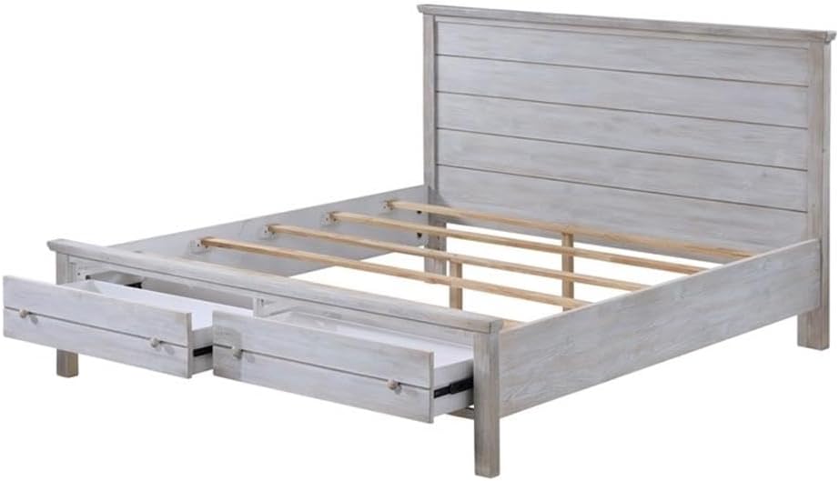Pemberly Row Solid Wood King Storage Bed, Distressed Grey White Finish, Durable Spruce Construction, Transitional Style Frame with Storage Footboard, Complete Bedroom Set for Timeless Home Decor