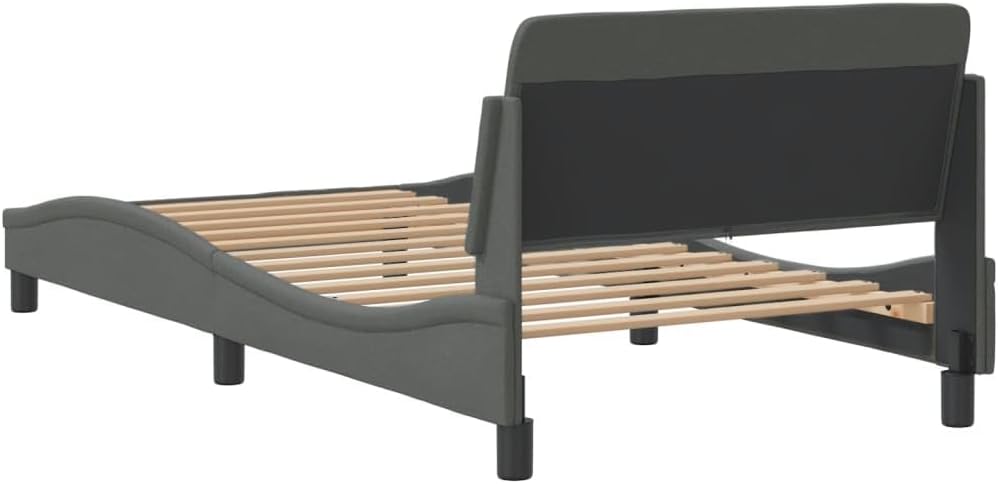Upholstered Twin Platform Bed Frame with Headboard Dark Gray Fabric Bedframe Sturdy Modern Design for Bedroom Furniture