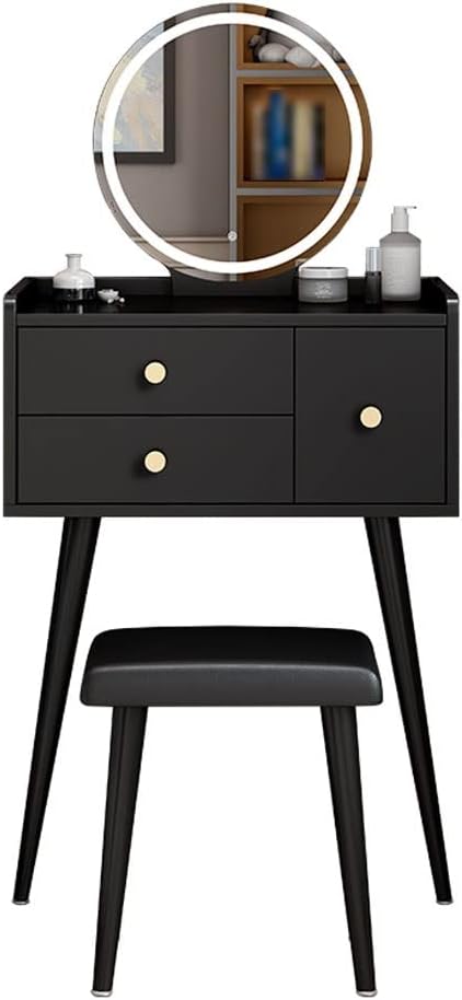 Vanity Benches Vanity Desk Set Cosmetic Storage Desk Bedroom Small Unit Dresser with Vanity Stool, Mirror, Three Drawers (Color : A, Size : L60cm)