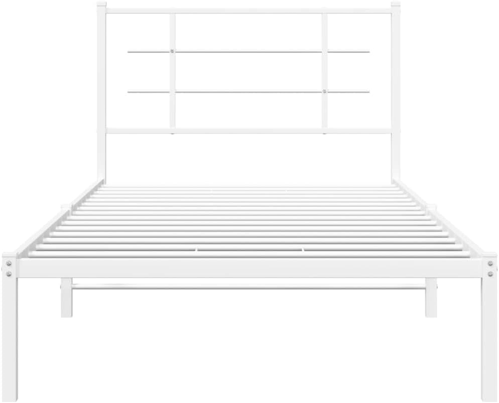 Twin Metal Bed Frame with Headboard White 39.4'x78.7' Platform Bedframe Steel Construction Underbed Storage Space for Bedroom Guest Room