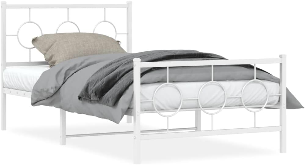 Twin Bed Frame Metal Platform with Footboard White 39.4'x78.7' Sturdy Steel Construction Underbed Storage Space for Bedroom Guest Room