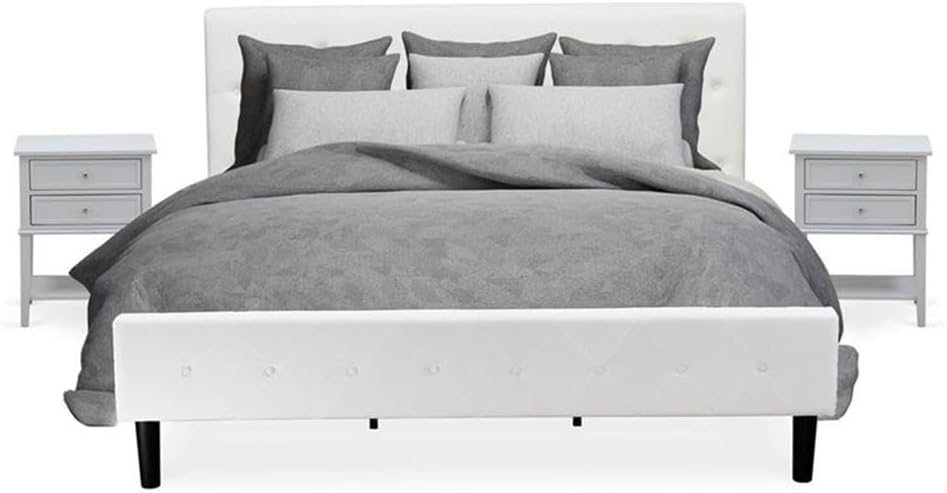 East West Furniture NL19K-2VL14 3 Piece King Size Bedroom Set - Button Tufted Wood Bed - Linen white Velvet Fabric Upholstered Headboard and an Urban Gray Finish Nightstand