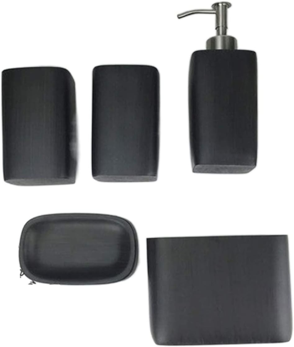 Vanity Bathroom Decor, Bathroom Accessory Set Modern Design European Style Resin Bathroom Accessory Set Imitation Wood Wash Set Housewarming Gift(Black)