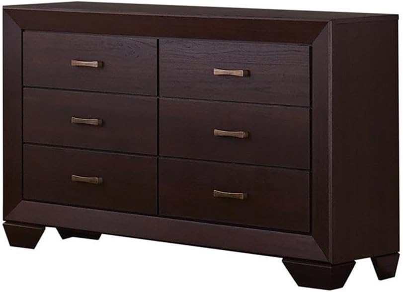 MAKLAINE 4-Piece California King Bedroom Set, Brown Faux Leather Bed with Black Rubberwood Legs, Includes Nightstand, Dresser, Mirror, Mid-Century Modern Style, Transitional Furniture for