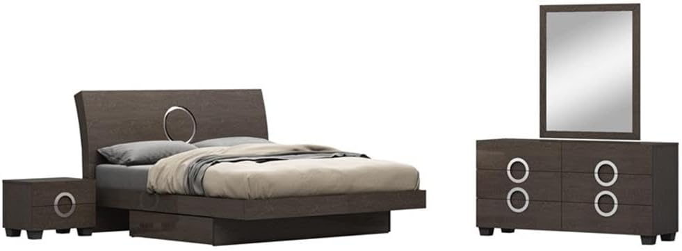 Pemberly Row 4-Piece Wood California King Bedroom Set, Gray High Gloss Lacquer Finish, Includes Bed, Dresser, Nightstand, Mirror, Circular Inlet Design, Modern Style for Sophisticated Bedroom Decor