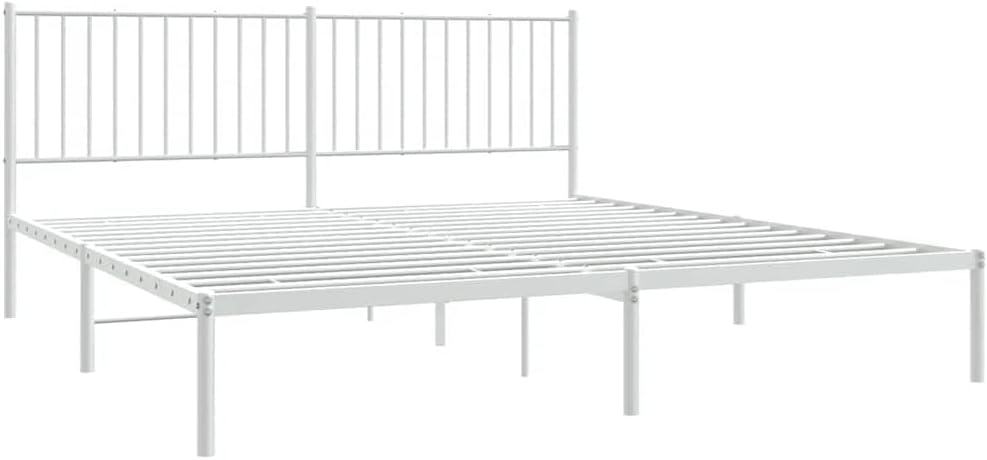 White Powder-Coated Steel Double Bed Frame with Headboard, 4-Piece Sturdy Metal Bed Frame Set for Modern Bedroom, Durable Support Structure and Underbed Storage Space, Easy