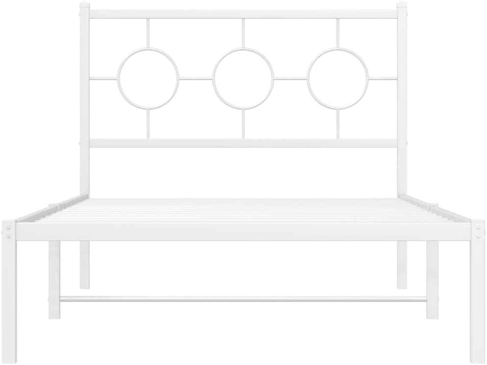 Metal Bed Frame with Headboard White Steel Platform Base Twin Size Underbed Storage Space for Bedroom Furniture