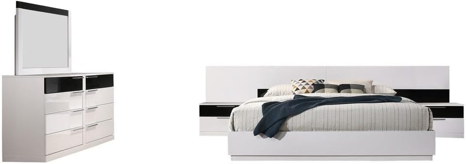 Modern Lacquer 5pc Bedroom Set, California King Size | High Gloss Finish Wood Bedroom Furniture Set, White/Black