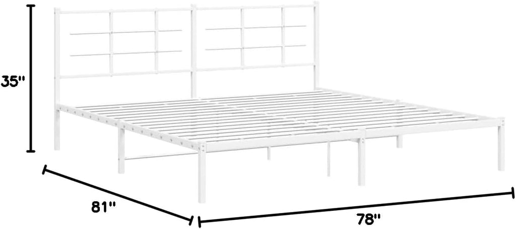 Metal Bed Frame with Headboard White King Size 76'x79.9' Steel Platform Bed Frame with Underbed Storage Space for Bedroom Furniture