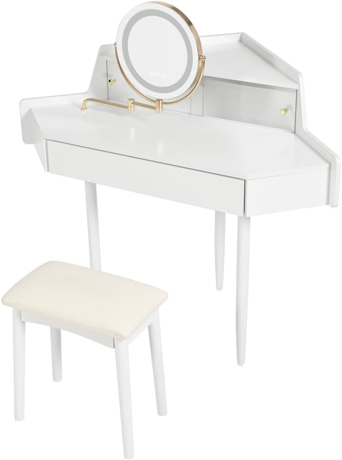 Modern Corner Makeup Vanity Desk with Large Storage, LED Mirror & Stool, Brightness Adjustable, Space-Saving for Small Places, White