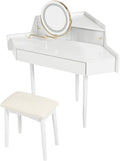 Modern Corner Makeup Vanity Desk with Large Storage, LED Mirror & Stool, Brightness Adjustable, Space-Saving for Small Places, White
