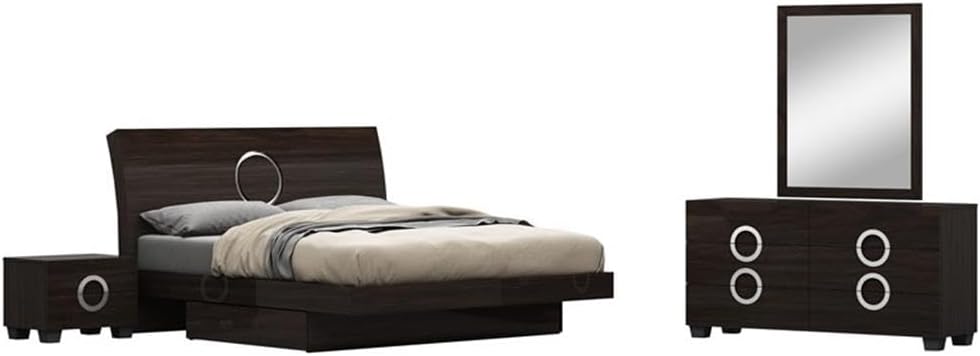Pemberly Row 4-Piece Eastern King Bedroom Set, Lacquer Wood Construction, High-Gloss Wenge Finish, Includes Bed with Tufted Headboard, Nightstand, Dresser, Mirror, Elegant Design for Modern Bedrooms