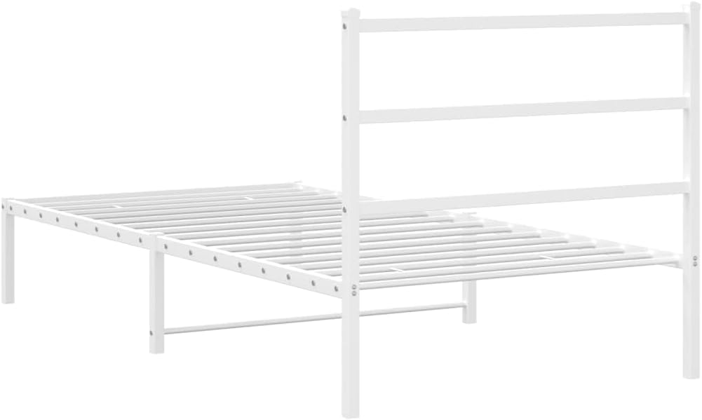 Twin White Steel Bed Frame with Headboard - Breathable Design Sturdy Metal Frame for Bedroom Guest Room Compact Spaces