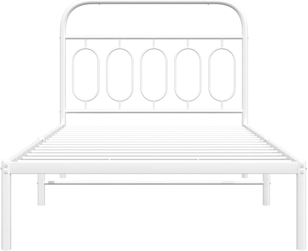 Metal Bed Frame with Headboard White Queen Size Steel Platform Base 39.4'x78.7' Sturdy Bedframe for Bedroom with Underbed Storage Space