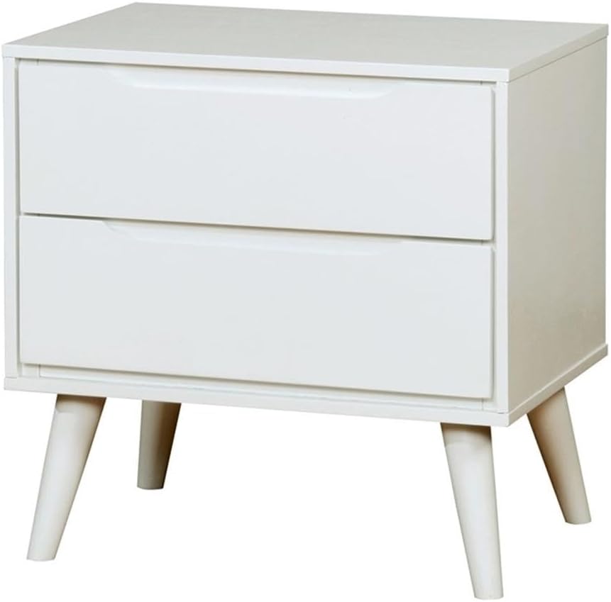 Allora 2pc Mid-Century Bedroom Set, Solid Wood & Veneer, White Finish, King Bed with Panel Headboard & Tapered Legs, Nightstand with 2 Drawers, Modern Minimalist Design for Bedroom Decor