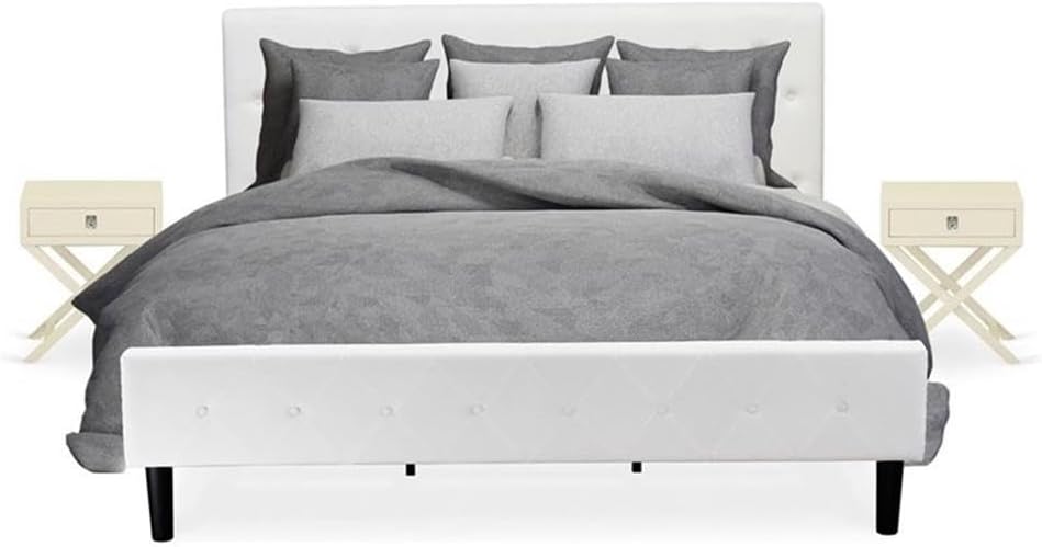 East West Furniture NL19K-2HA05 3 Piece Bedroom Set - King Size Button Tufted Bed - Linen white Velvet Fabric Upholstered Headboard and a linen white Finish Nightstand