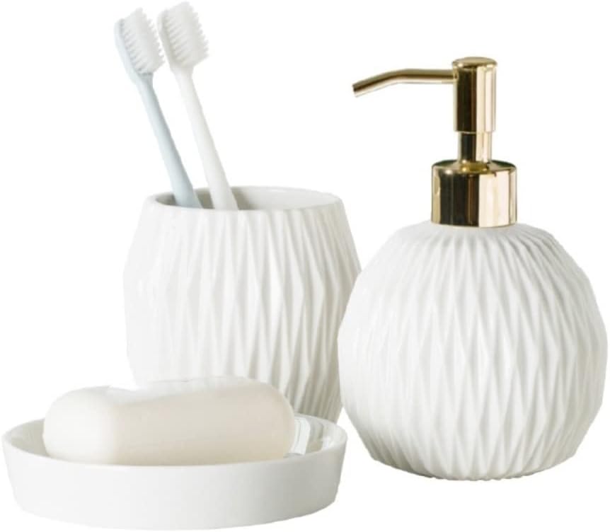 Vanity Bathroom Decor, Ceramic Bathroom Accessories Set Includes Soap Lotion Dispenser Pump Soap Dish Housewarming Gift(White,3 Pieces)