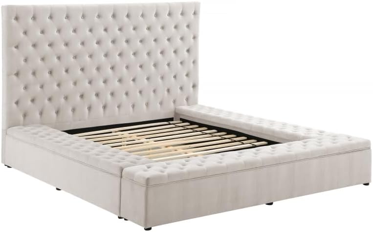 First of a Kind Modern Velvet Tufted upholstered Platform Storage Bed, Bed with deep Button Tufting and Storage Compartments in Rails and Footboard (Cream, Eastern King)