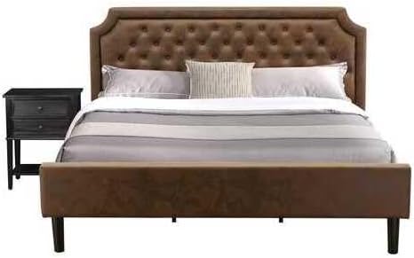 HomeStock Retro Renaissance 2 Piece King Bedroom Set with a King Bed and 1 Wire Brushed Black End Table Dark Brown Faux Leather with Black Texture and Black Legs