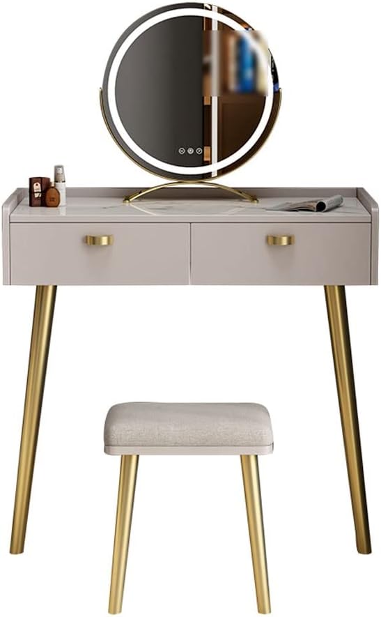 Vanity Benches Dressing Table Set Cosmetic Storage Table Bedroom Small Apartment Vanity Table with LED Round Mirror, Dressing Stool (Color : A)