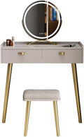 Vanity Benches Dressing Table Set Cosmetic Storage Table Bedroom Small Apartment Vanity Table with LED Round Mirror, Dressing Stool (Color : A)