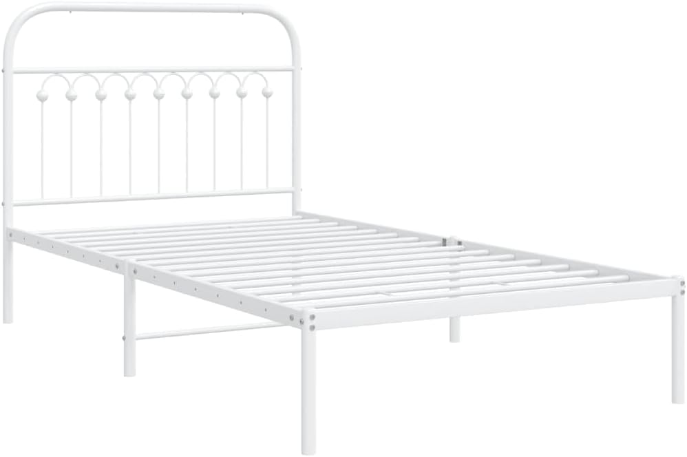Twin Metal Bed Frame with Headboard White Sturdy Steel Platform Bed Frame Underbed Storage Space Bedroom Furniture