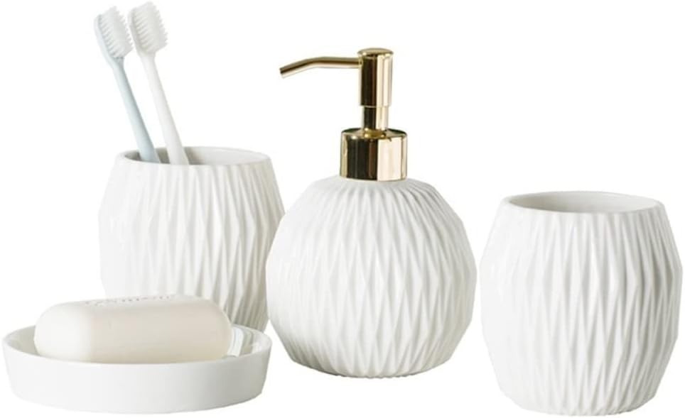 Vanity Bathroom Decor, Ceramic Bathroom Accessories Set Includes Soap Lotion Dispenser Pump Soap Dish Housewarming Gift(White,4 Pieces)